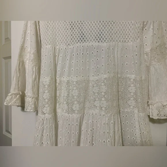 White XS blue island Crochet Tiered Eyelet Lace Embroidery Dress Cover Up Resort - Picture 13 of 13